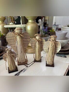 Rustic Natural Wood Angel Figurines - Beige